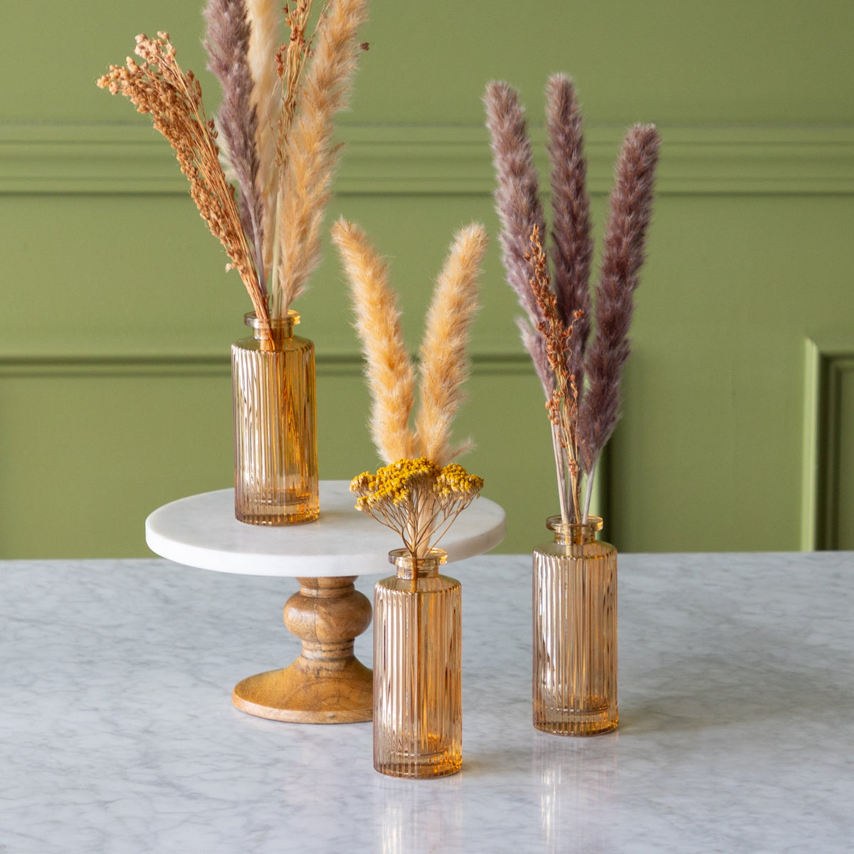 Amber Pleated Glass Bottle Bud Vase