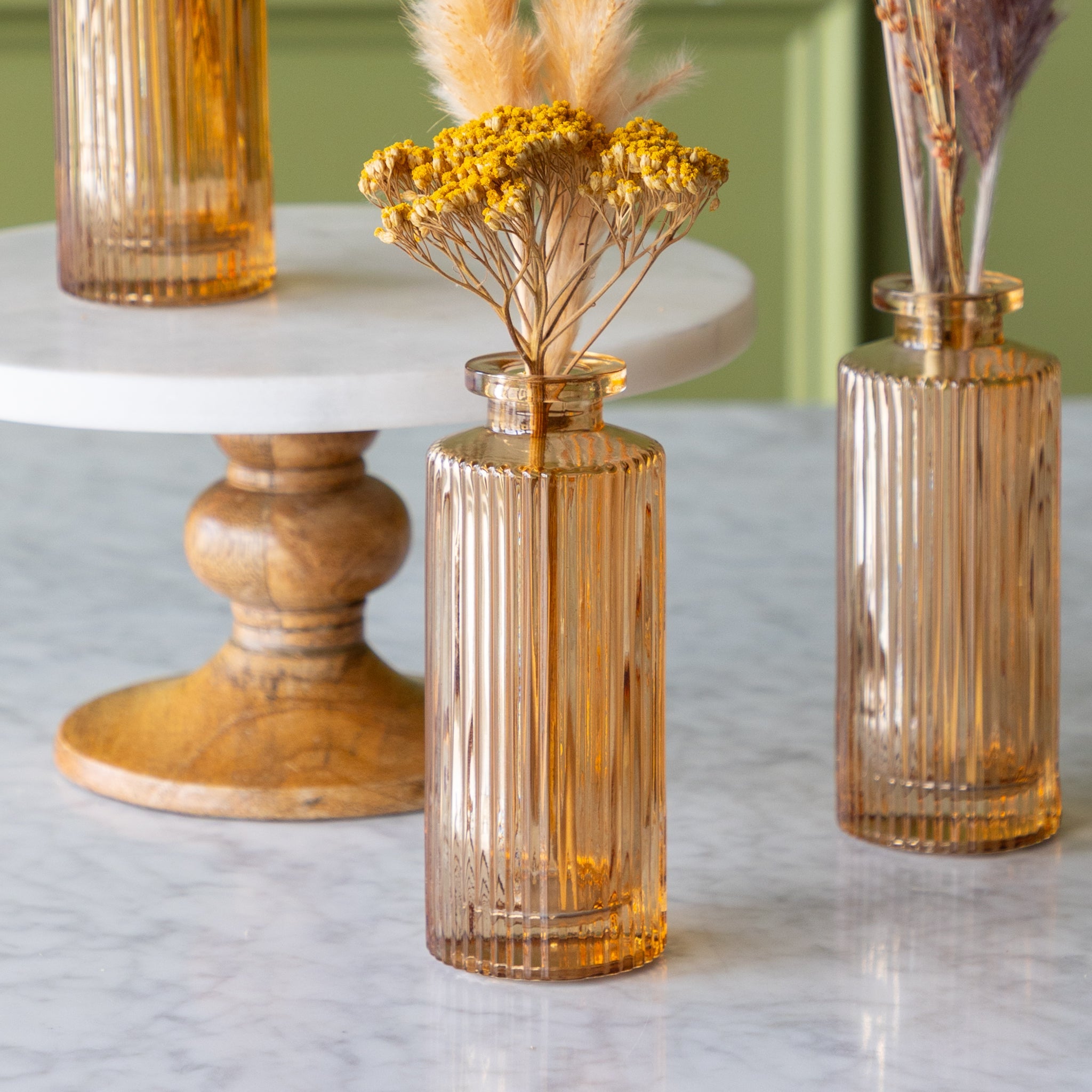 Amber Pleated Glass Bottle Bud Vase