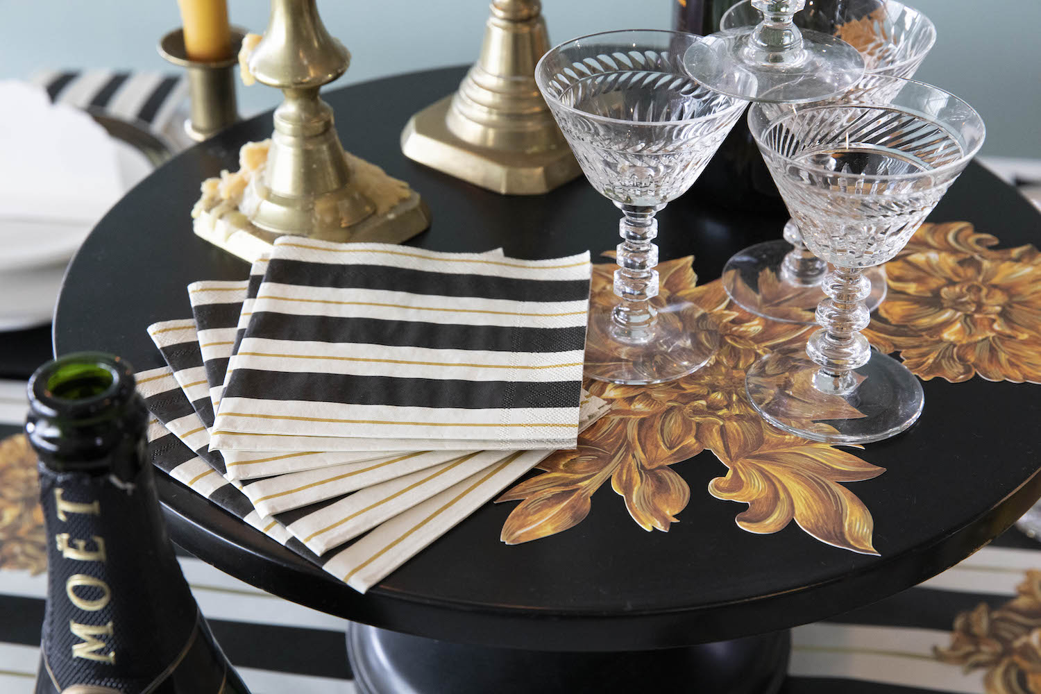 Black & Gold Awning Stripe Cocktail Napkins